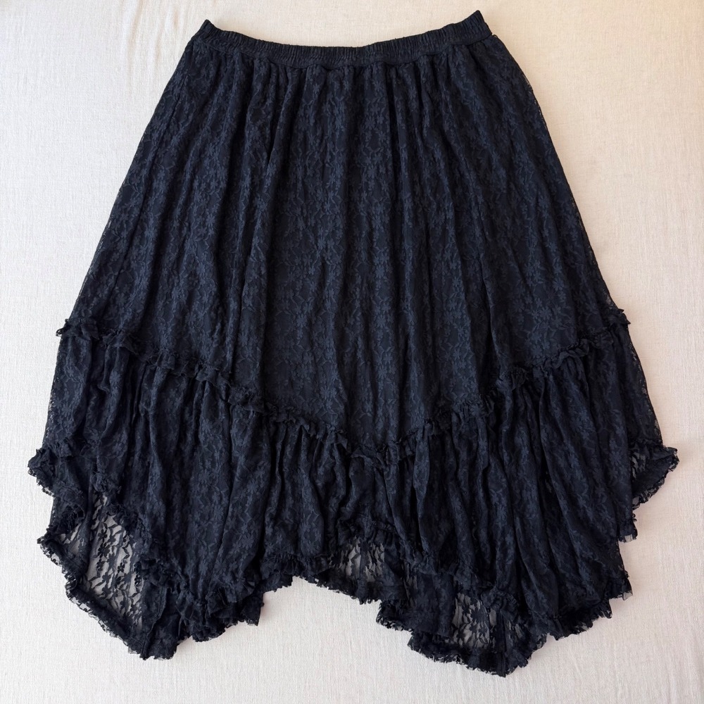 American Eagle Floral Lace Ruffle Whimsigoth Midi Skirt XL Black NWT